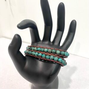 Chan Luu Turquoise Brown Beaded Leather Wrap Adjustable Bracelet